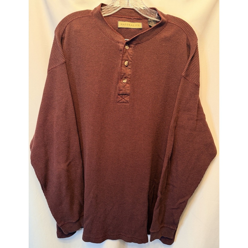 Naturalife Men's XL Long Sleeve Waffle Knit Button Henley Shirt Burgundy Cotton